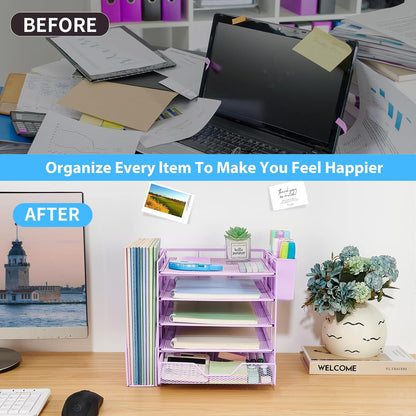 Desk Organizer, 5-Tier Paper Letter Tray Organizer with File Holder, Drawer and Pen Holder, Desktop Organizer for Office Supplies, Black