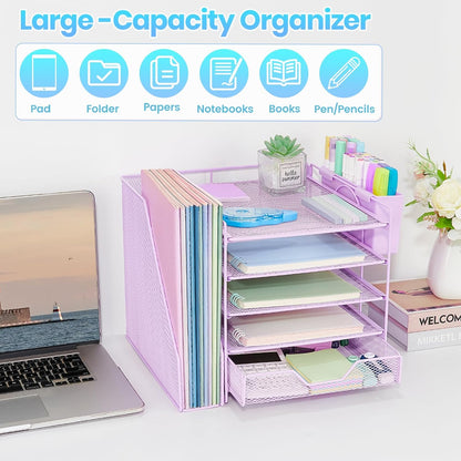 Desk Organizer, 5-Tier Paper Letter Tray Organizer with File Holder, Drawer and Pen Holder, Desktop Organizer for Office Supplies, Black