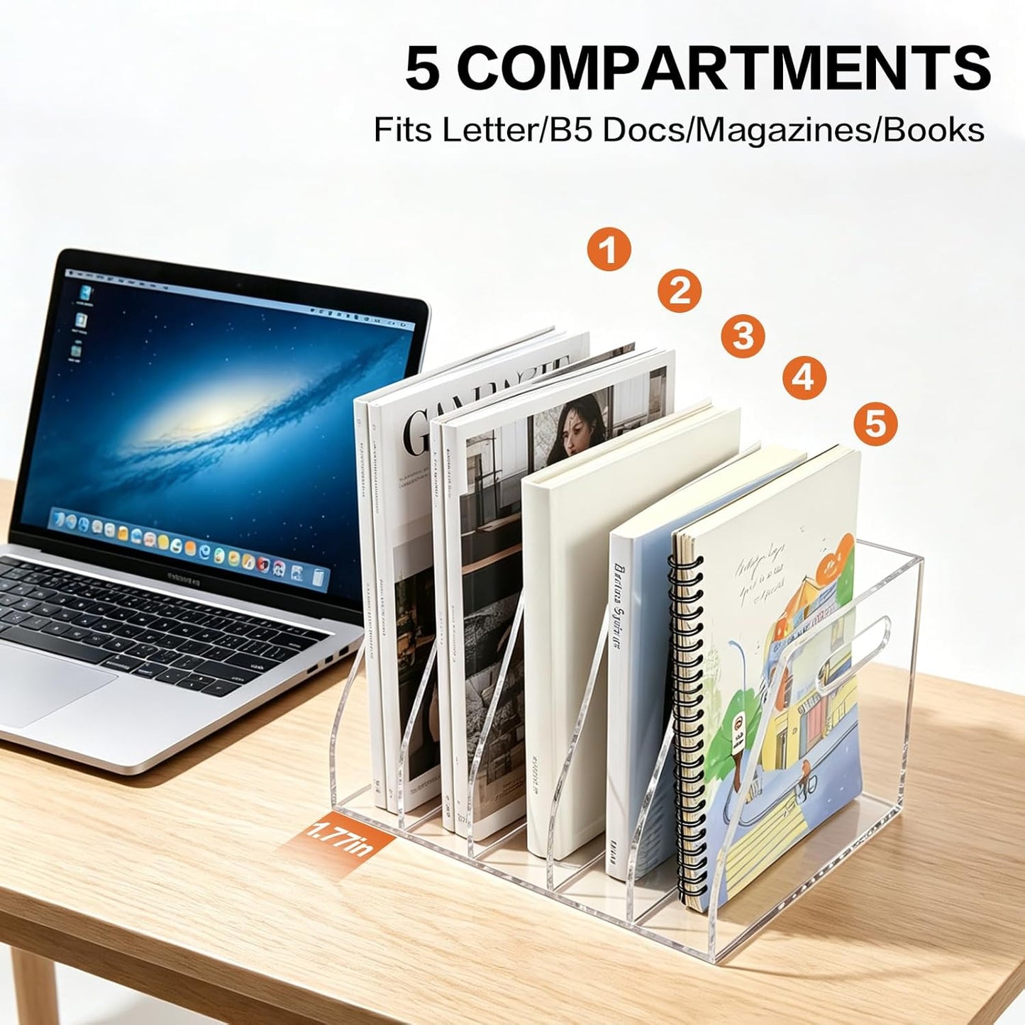 Acrylic Magazine File Holder, 4 Vertical Compartments Desk Document Sorter Organizer, Clear Bookend File Sorter Holder for Office, Documents, Tablets, Magazines, Books