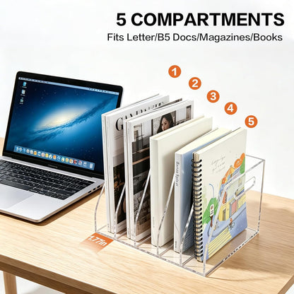 Acrylic Magazine File Holder, 4 Vertical Compartments Desk Document Sorter Organizer, Clear Bookend File Sorter Holder for Office, Documents, Tablets, Magazines, Books
