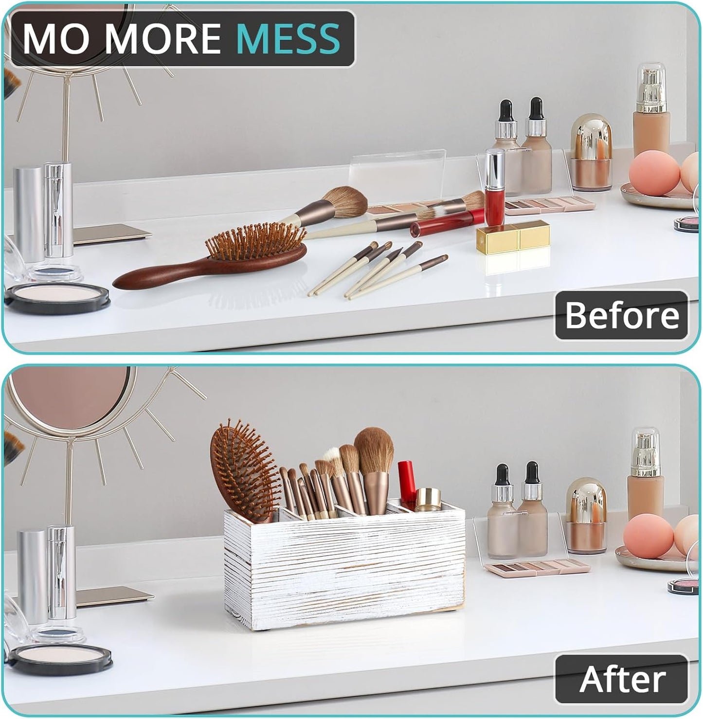 Bivvclaz Pencil Pen Holder for Desk, Acacia Wood Office Desk Organizers and Accessories with 4 Slots for Countertop, Makeup Brush Holder Organizer for Bathroom Vanity, Silverware Caddy for Party