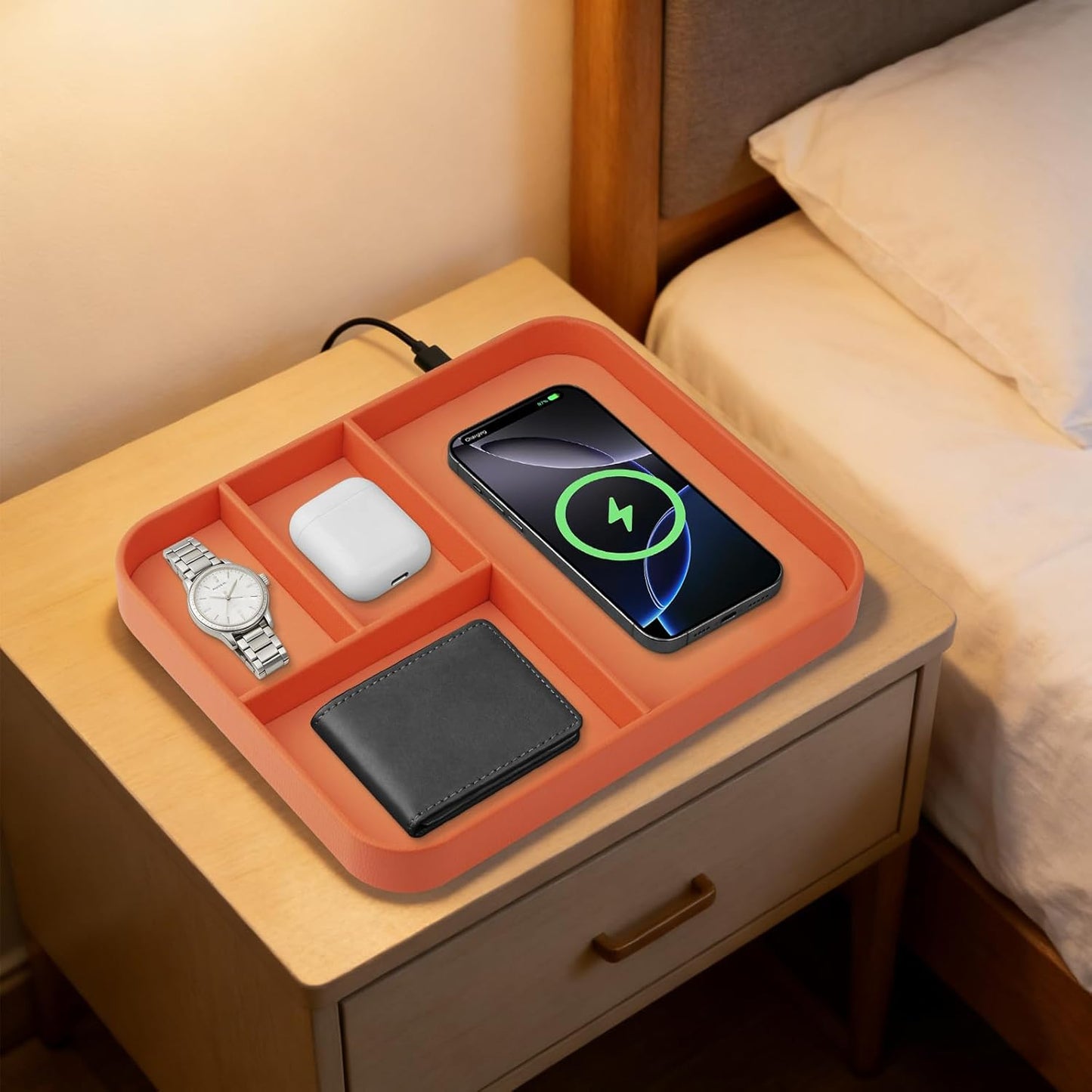 VOVIPO Birthday Gifts Bedside Organiser-Faux Leather Valet Tray With Wireless Charger For Phone And Earbuds,Nightstand Organizer,Mens Jewelry Box,Office Desk Organizers