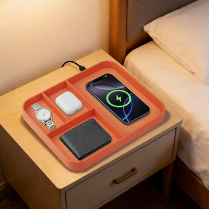 VOVIPO Birthday Gifts Bedside Organiser-Faux Leather Valet Tray With Wireless Charger For Phone And Earbuds,Nightstand Organizer,Mens Jewelry Box,Office Desk Organizers