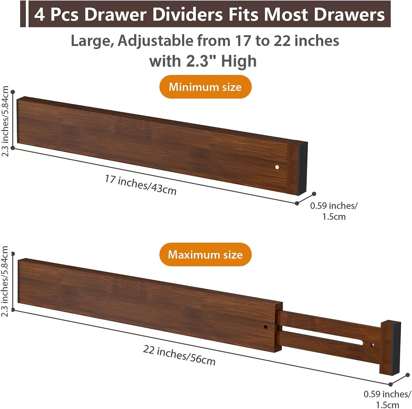 DUCOO 4 PCS Drawer Divider, 17"-22" Adjustable Bamboo Drawer Dividers Organizers, Expandable Separators for Kitchen, Clothes, Dressers, Home, Office