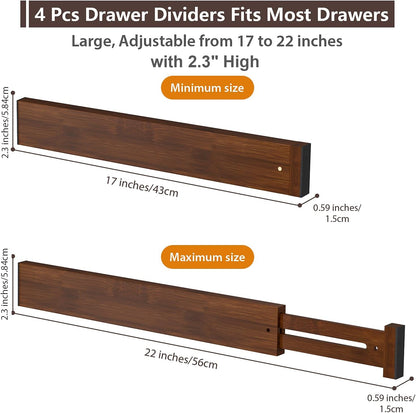 DUCOO 4 PCS Drawer Divider, 17"-22" Adjustable Bamboo Drawer Dividers Organizers, Expandable Separators for Kitchen, Clothes, Dressers, Home, Office