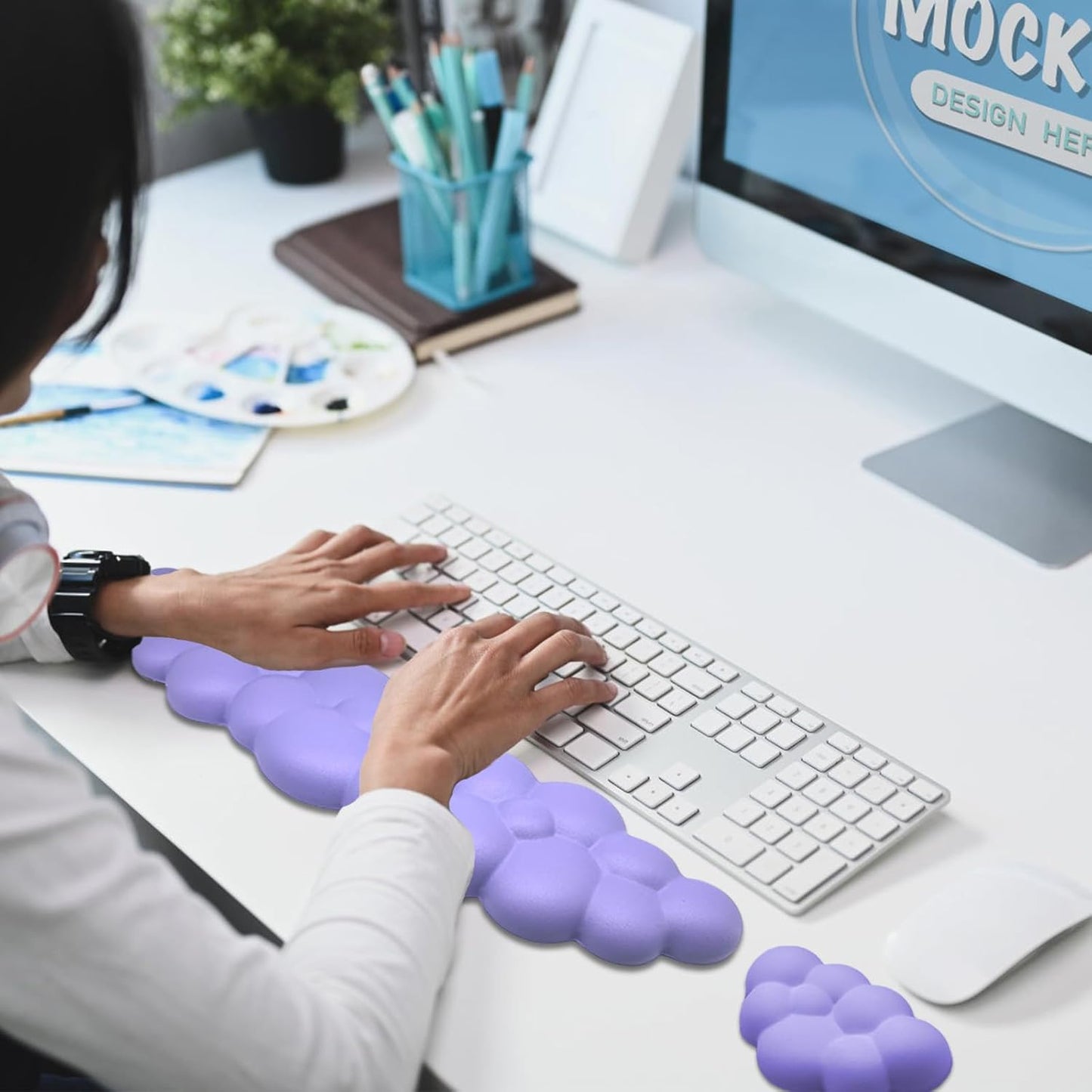 Ergonomic Keyboard Wrist Rest, PU Leather Memory Foam Cloud Wrist Rest for Computer Keyboard, Mouse Wrist Rest and Keyboard Pad for Gaming, Office, Computer, Laptop, Typing Pain Relief, Pastel Pink