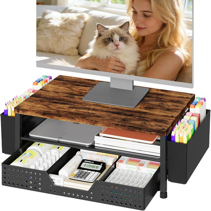 OPNICE Desk Organizers and Accessories, Computer Monitor Stand Riser with Drawer and 2 Pen Holders, Printer & Laptop Stand, Office Desk Accessories & Workspace Organizers for Home Office Supplies, Black