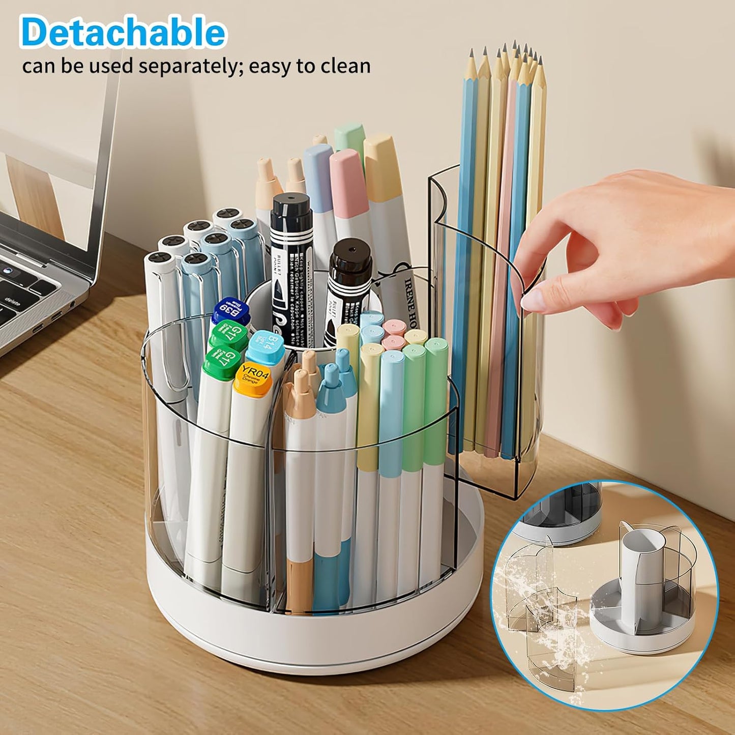 Marte Vanci 360 Degree Rotating Pen Pencil Holder Desk Stationery Organizer Tidy Organizer for Pencil Makeup Painting Brush Cosmetic Craft Storage Bin Pen Pot for Home Office School 6 Slots White