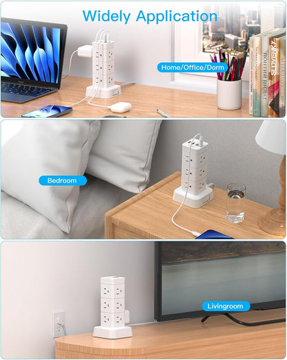 Surge Protector Power Strip Tower, 12 Outlets 4 USB (2 USB C) Desktop Charging Station for Multiple Devices, 6Ft Flat Plug Extension Cord with Multiple Outlets, Home Office College Dorm Essentials