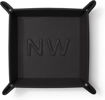 Leatherology Black Onyx Rectangle Valet Tray – Travel-Friendly Catchall Organizer with Snap Corners, Stitched Edge Detail & Gift Box – Desk Tray for Keys, Wallet, Watch & Accessories