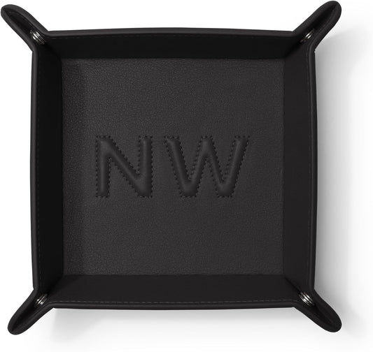 Leatherology Black Onyx Rectangle Valet Tray – Travel-Friendly Catchall Organizer with Snap Corners, Stitched Edge Detail & Gift Box – Desk Tray for Keys, Wallet, Watch & Accessories