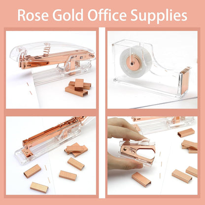 Gold Office Supplies,UPIHO Gold Desk Accessories,Stapler and Tape Dispenser Set with Large Stapler,Tape Dispenser, Staple Remover, Staples, Clips,Scissor,Pen and Sticky Notes,Gifts for Office Clerks