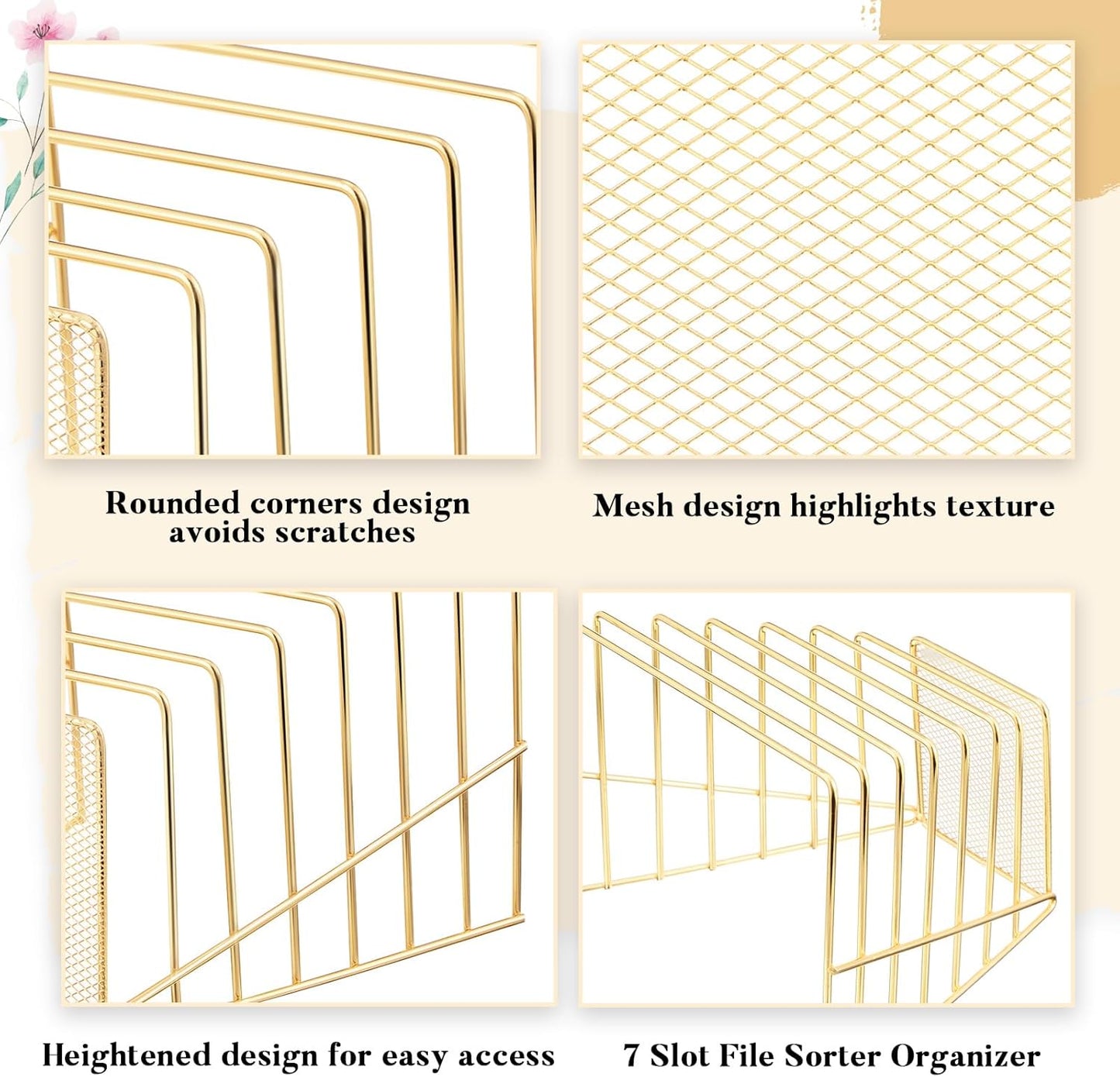 2 Pcs 7 Section Wire File Organizer for Desk, Metal Mesh Incline File Holder, Letter & Magazine Folder Rack, Desktop Paper Sorter for Home Office School (Golden)