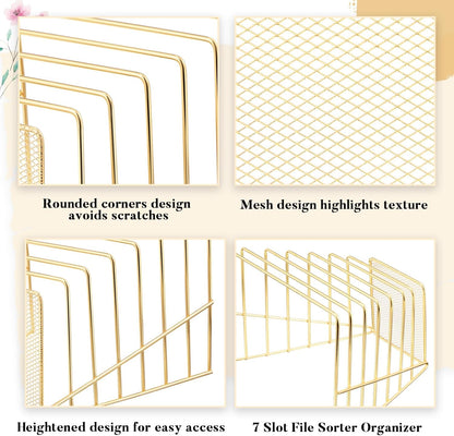 2 Pcs 7 Section Wire File Organizer for Desk, Metal Mesh Incline File Holder, Letter & Magazine Folder Rack, Desktop Paper Sorter for Home Office School (Golden)