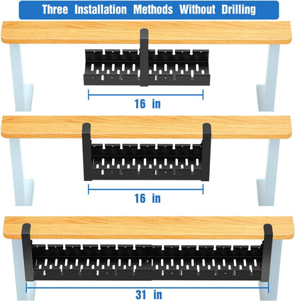 No Drilling Extendable Under Desk Cable Management, Metal Cable Management Tray Under Desk with Clamp, Retractable Power Strip Cord Holder for Wire Management 31Inch(1 Pack Black Extendable 31')