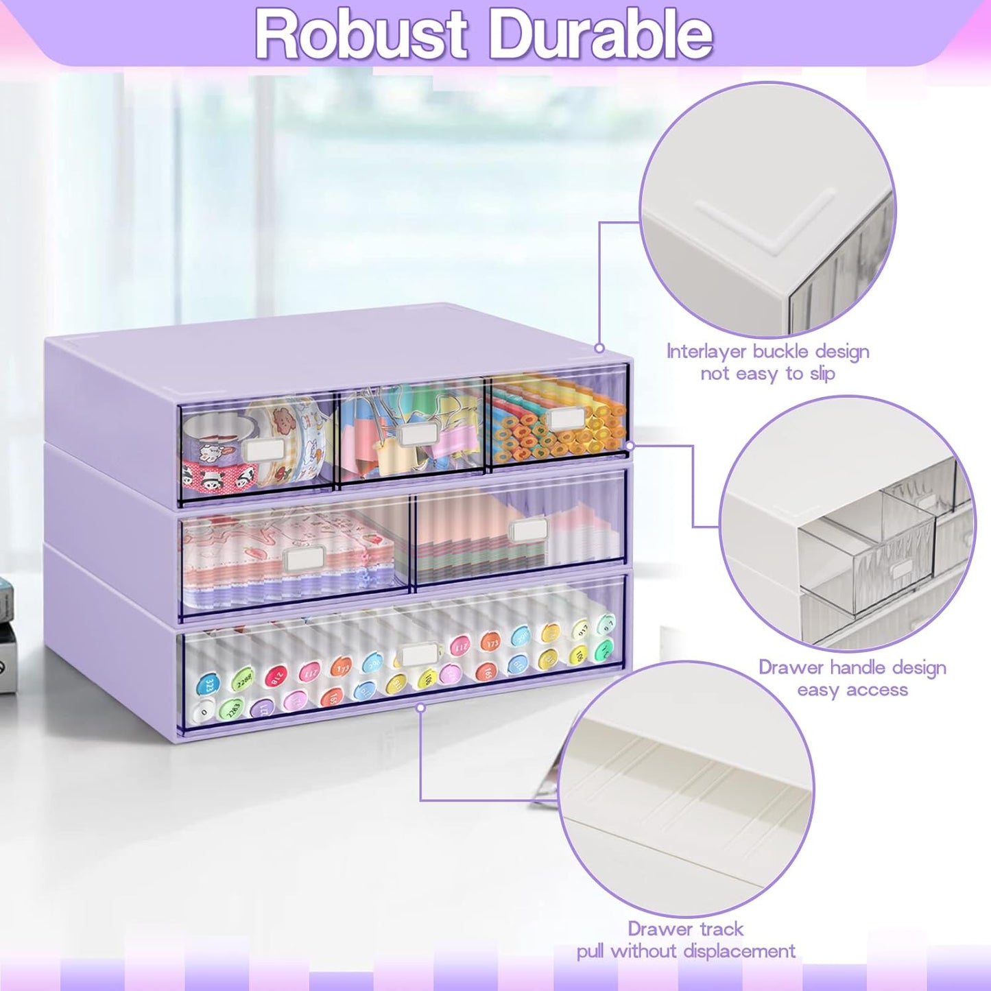 3 Tier Stackable Desk Organizer with 6 Drawers, YOCOMEY Plastic Desktop Storage Box Drawers, Detachable Makeup Storage Office Stationery Supplies Organizer for Office School(Clear)