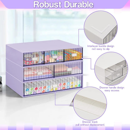 3 Tier Stackable Desk Organizer with 6 Drawers, YOCOMEY Plastic Desktop Storage Box Drawers, Detachable Makeup Storage Office Stationery Supplies Organizer for Office School(Clear)