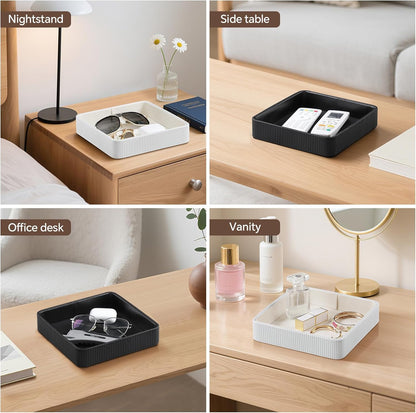 Small Valet Tray, 8"x8" Nightstand Organizer for Women Men| PU Leather Desk Organizer Trinket Dish| Decorative Vanity Tray Catch All Key Bowl for Dresser Bedside Coffee Table Entryway (Black)