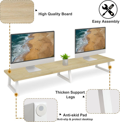 TEAMIX 42 inch Large [Dual] [Monitor] [Riser],Rustic Brown Extra Long TV [Stand Wood & Steel Desktop [Riser] with Storage for [Dual] Screen Office Desk Organization