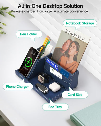 Fast Wireless Charging Station with Desk Organizer for iPhone 17/16/15/15 Pro/14/14 Pro Max/14 Pro/14 Plus/13/13 Pro Max/13 Pro/and iPhone 12/11 Series, Nightstand Desktop Organizer, Brown