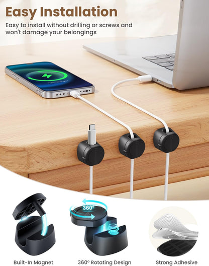 Kanemc Cable Clips Cord Holder for Desk, 360° Spin Magnetic Wire Organizer Self Adhesive Cord Management for Office Desks Cars Home Kitchen Electronic Accessory (White, 6 PCS)