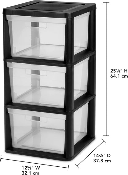 3-Drawer Storage Tower with Removable Clear Plastic Bins, Tool-Free Assembly, Multiple Sizes for Home Office (15.7"W)