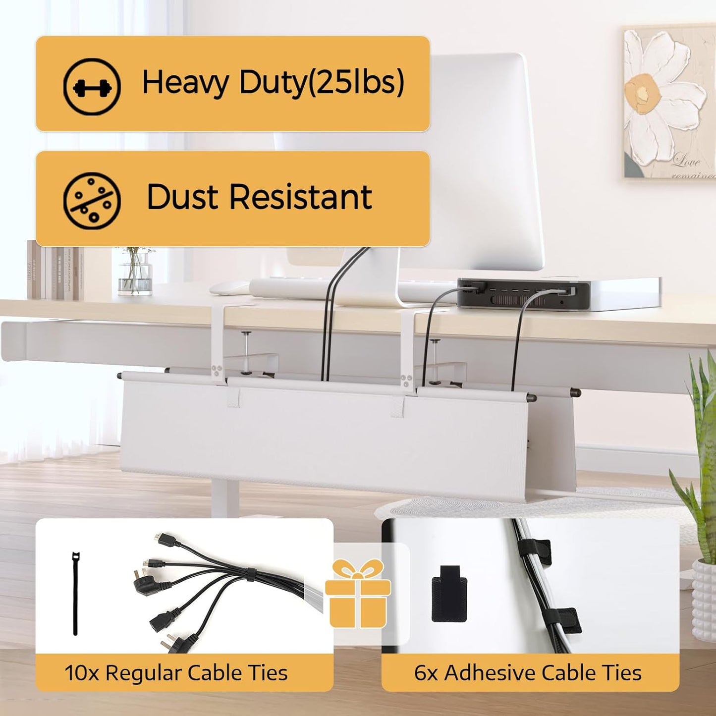 Under Desk Cable Management Tray - 36" Cord Organizer for Desk No Drill, Fabric Under Table Wire Organizer with 16X Cable Ties Hide for Office/Home, Cord Hider Fits Adapters & Sockets, White