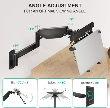 WALI Laptop Desk Mount for 17 inch Notebook, Adjustable Single Monitor Arm with Laptop Holder for 32 inch Screen, Laptops Stand with Ventilated Tray, Up to 22 lbs, (M00LP), Black