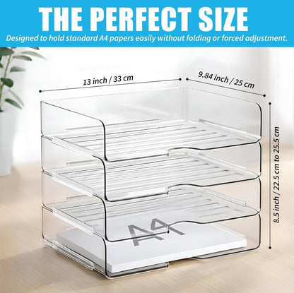 Acrylic File Organizer with 1 Ring Binder, 2 Clear Files & 1 Diary – 4 Tier Stackable Paper Letter Tray Desk Organizer, Clear Document Holder for Letter/A4, Office Files, Notes & Home Office Storage
