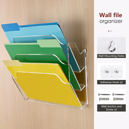 DINGHUO Acrylic Hanging Wall File Folder Organizer for Desk, Clear 3 Tier Document Paper Magazine Holder for Home, Office Organization, School - 1 Pack