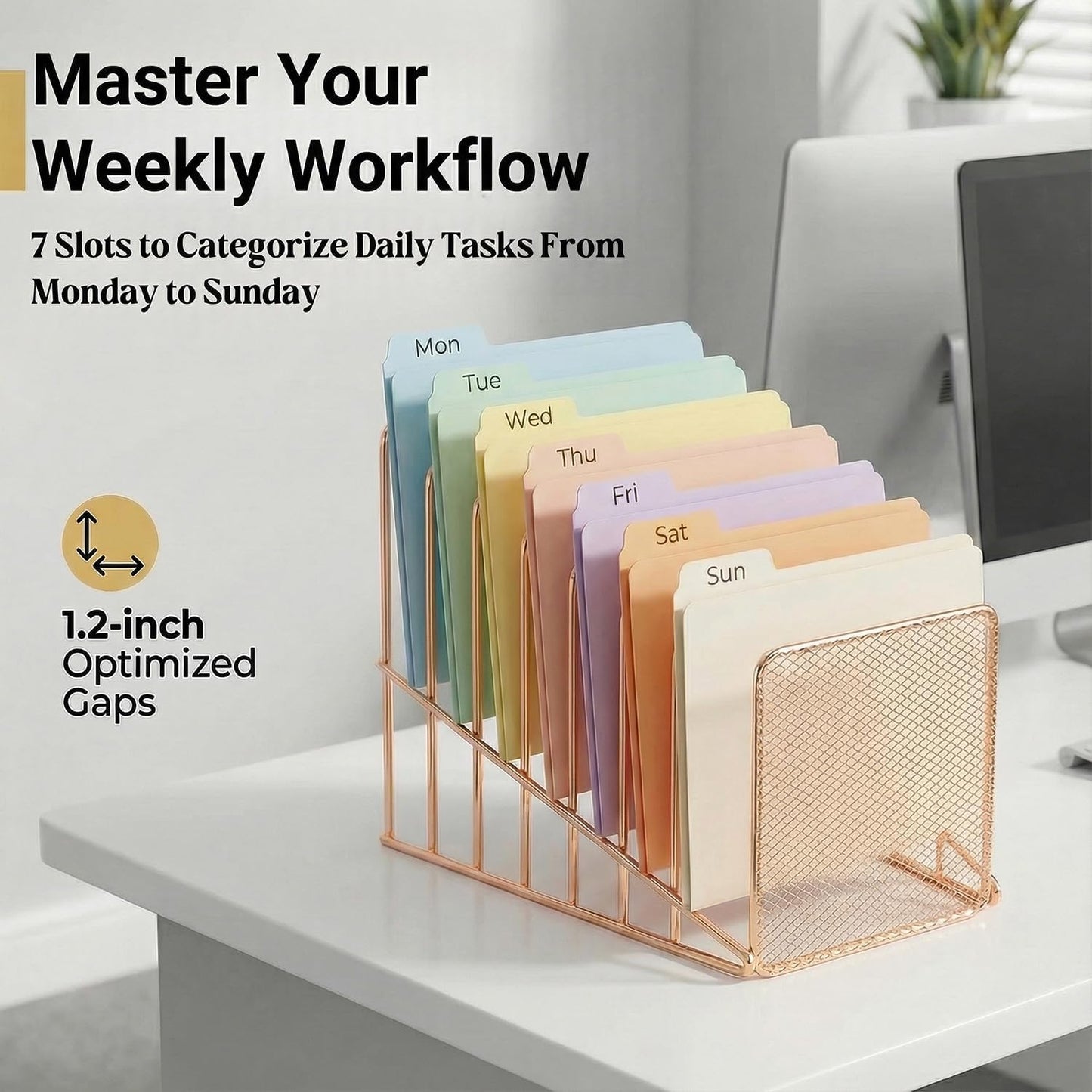 Simmer Stone Rose Gold Desk Organizer 7 Slot Inclined Vertical File Folder Holder Sorter with Mesh Front – Metal Wire Rack for Mail, Slim Binders, Books Office Organization & Desktop Accessories
