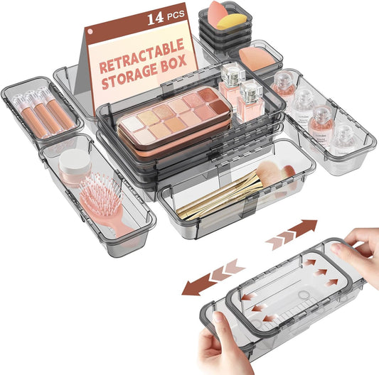 14 Pcs Clear Drawer Organizer, Adjustable Drawer Storage Box, 3-Size Desk Drawer Organizer, Acrylic Storage Bins for Makeup, Cosmetic, Kitchen Utensils, Bedroom Dressers Tool Organizer for Gadgets