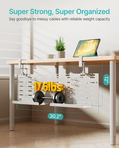 Under Desk Cable Management Tray, 30.2" Vertical Metal Pegboard Organizer for Power Strip, Cables, Clamp On Cord Organizer Rack with Hooks, Trays & Cable Straps for Home Office, White