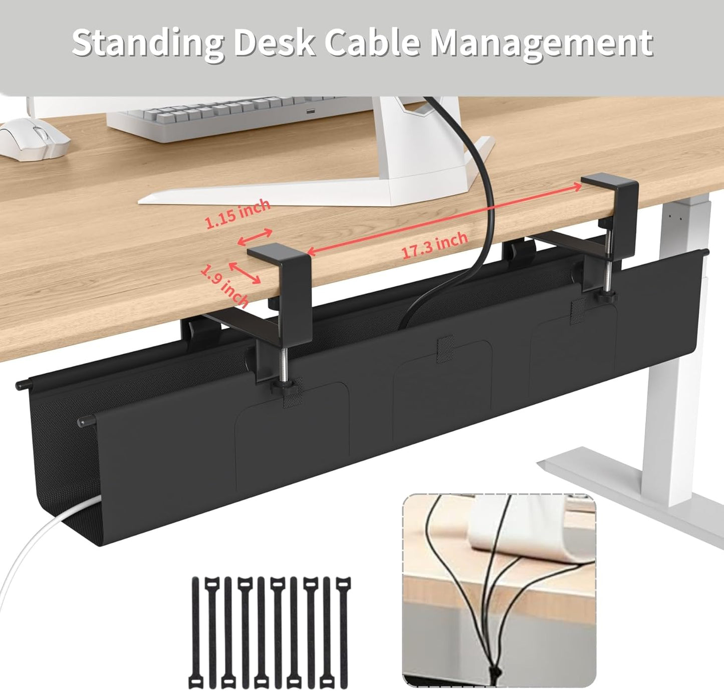 Under Desk Cable Management Tray, 36” Fabric No Drill Clamp Mount Cord Organizer for Desk, Heavy Duty Wire Management for Office Home, Black