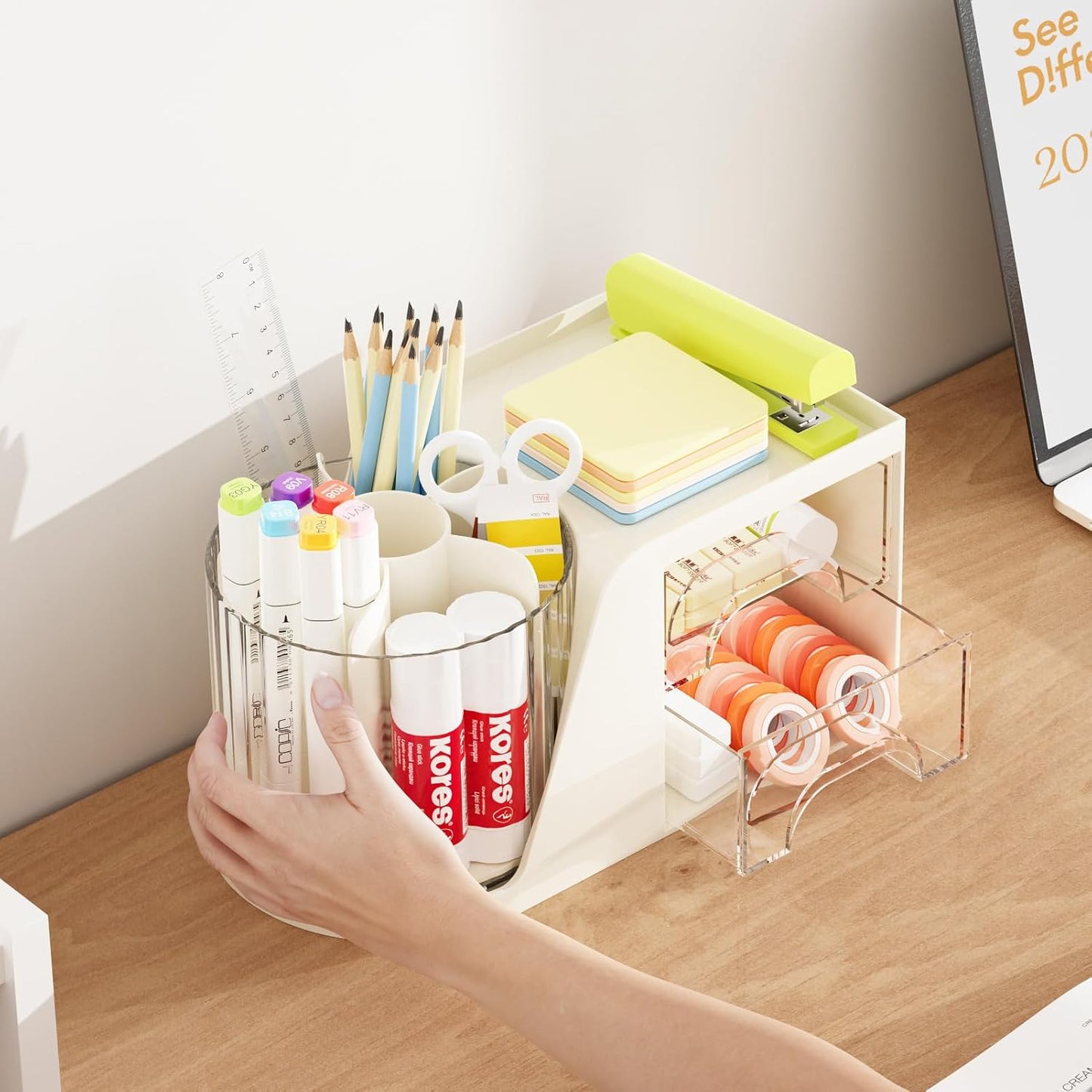 Marbrasse Desk Organizer with 2 Drawer, 360°Rotating Pen Holder, Desk Organizers and Accessories with 6 Slots Pencil Organizer + 2 Drawer, Art Supply Storage Box Caddy for Office (White)