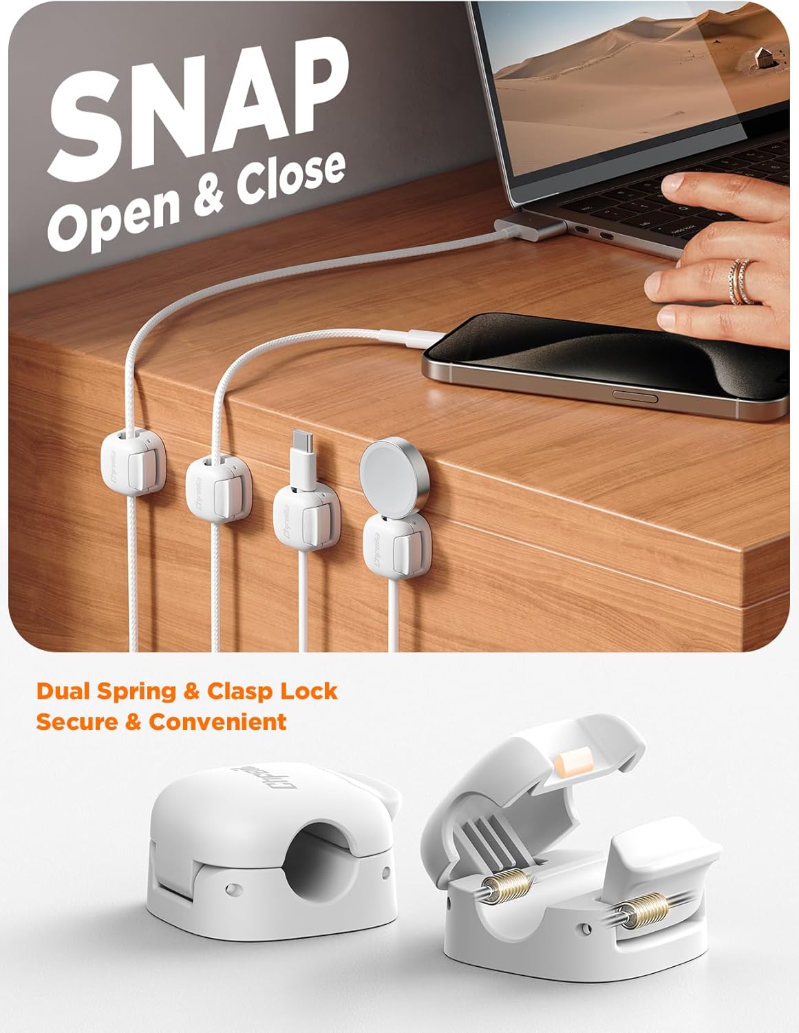 6Pack Cord Organizer - Chfeila [Dual Spring & Clasp Lock] Cable Management Clips, Adhesive Phone Charger Keeper, Compact Wire Holder for Nightstand/Car, Home Office Desk Accessories Decor Essentials