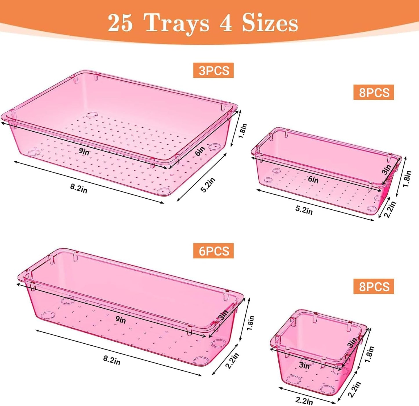 SpaceHacks 25 PCS Plastic Drawer Organizer Set, 4-Size Versatile Organizer Tool Trays & storage Bins for Makeup, Jewelry, and Gadgets in Bathroom, Bedroom and Office,Clear Black