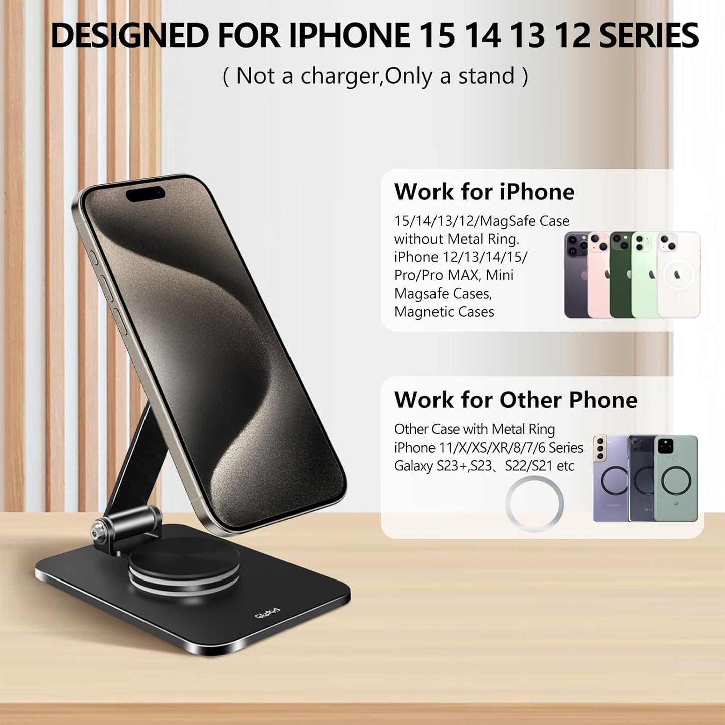 Magnetic Phone Stand Compatible with MagSafe for iphone16, Phone Stand for Desk with 360°Rotation Base, Adjustable Height to 6.1 inch, Compatible for MagSafe Case and iPhone 16/15/14/13/12