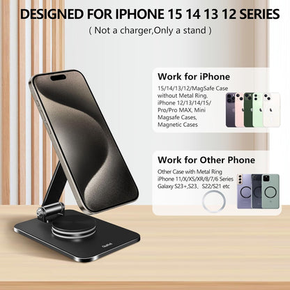 Magnetic Phone Stand Compatible with MagSafe for iphone16, Phone Stand for Desk with 360°Rotation Base, Adjustable Height to 6.1 inch, Compatible for MagSafe Case and iPhone 16/15/14/13/12