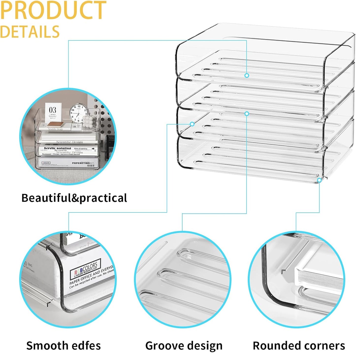 FANXIYQ 4-Tier Acrylic Paper Tray Organizer - Low-Profile Desk File Sorter for Office/Home, Clear Stackable Letter Tray for Bills, Crafts, Notebooks