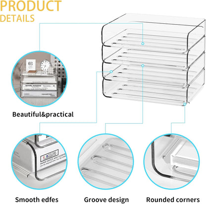 FANXIYQ 4-Tier Acrylic Paper Tray Organizer - Low-Profile Desk File Sorter for Office/Home, Clear Stackable Letter Tray for Bills, Crafts, Notebooks