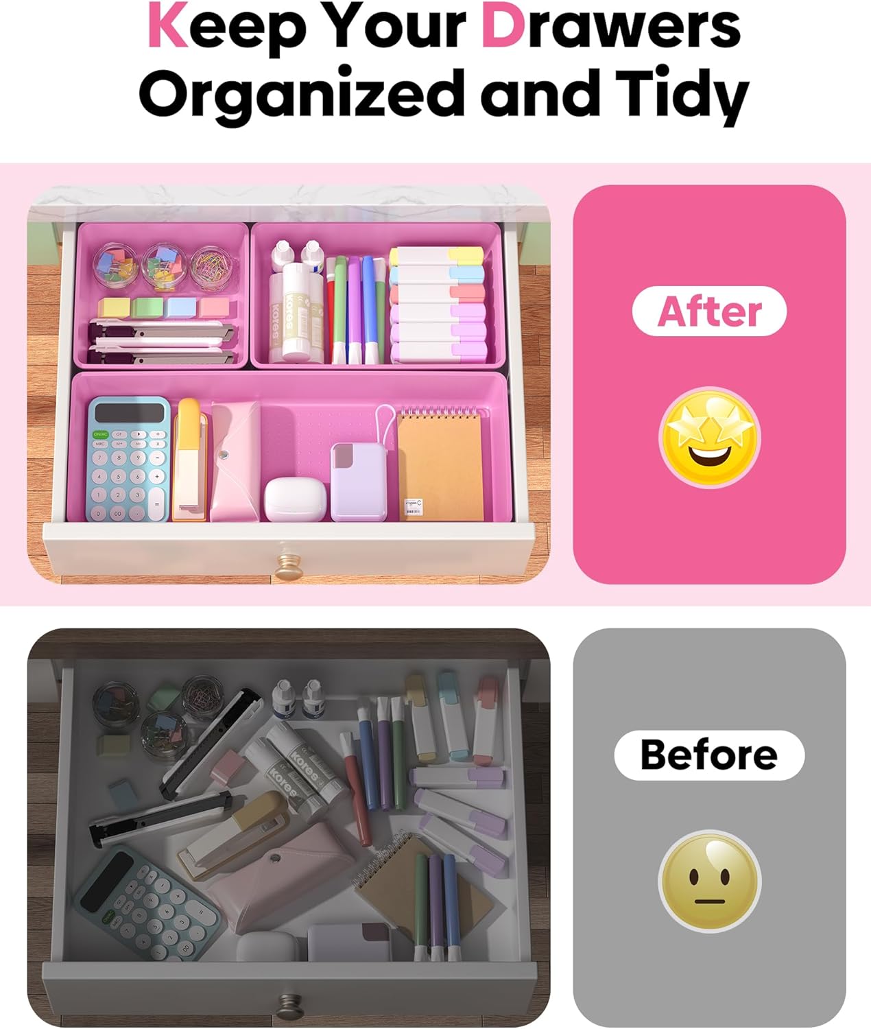 10 Pack Large Size Plastic Drawer Organizers Set, 3 Sizes Desk Drawer Organizer Trays, Storage Bins for Vanity, Makeup, Bathroom, Kitchen Utensils and Office (Black)