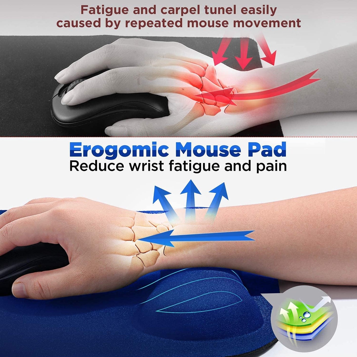 Gimars Elongate Smooth Lycra Fabric Ergonomic Mouse Pad Wrist Support, Gel Memory Foam Cushion Set Keyboard Wrist Rest Support, Pain Relieve for Computer, Laptop, Office, School, Home, Gaming, Black