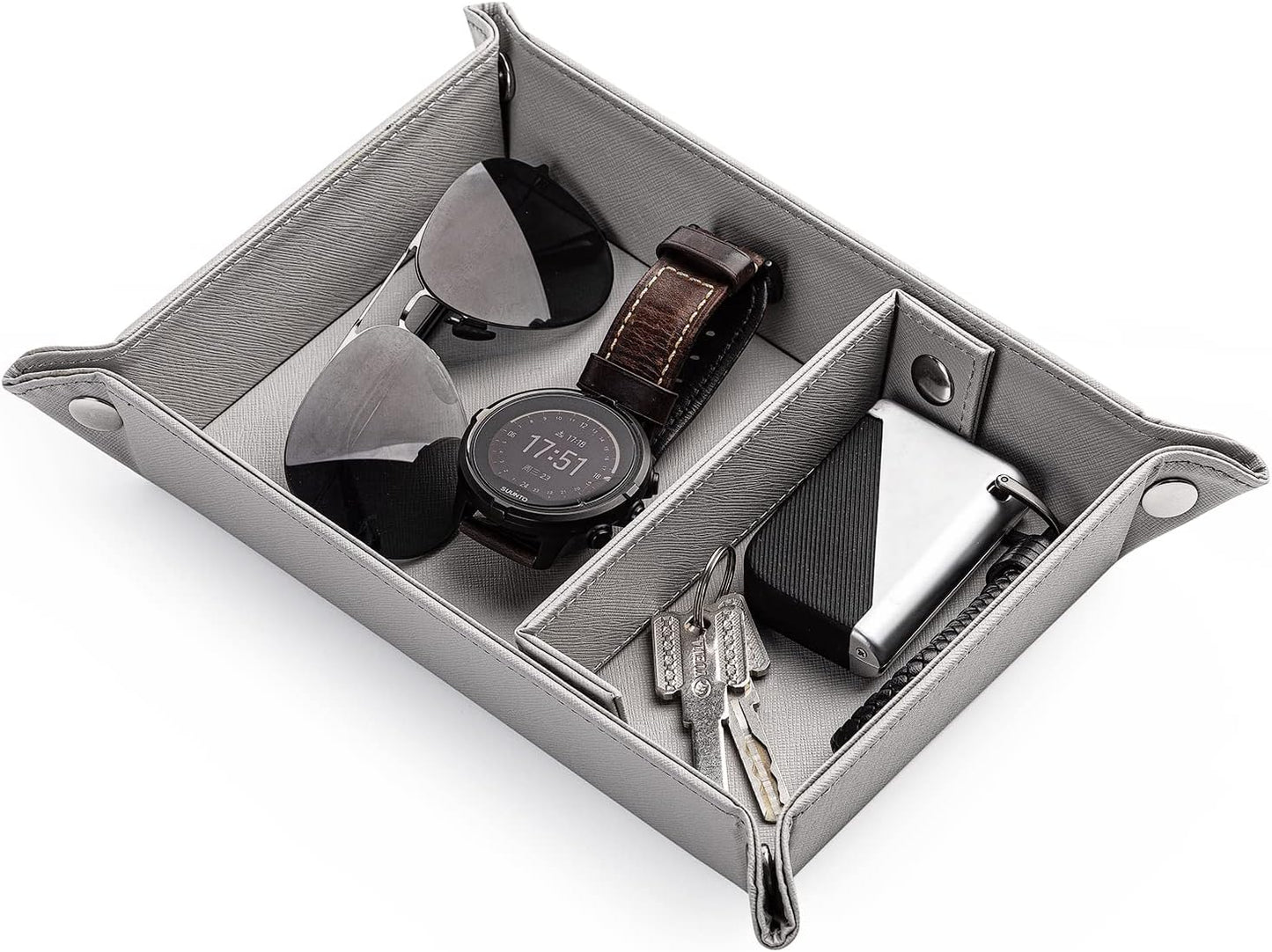 BONNY DODO Valet Tray for Men PU Leather Tray Organizer with Partition, Storage Keys, Watch & Practical Storage for Table Nightstand Living Room Bedroom (Dark Brown-Square)