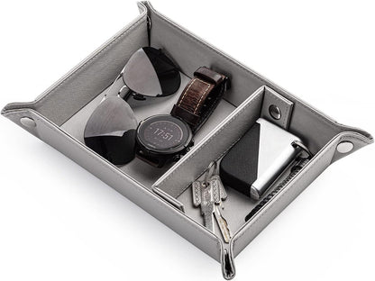BONNY DODO Valet Tray for Men PU Leather Tray Organizer with Partition, Storage Keys, Watch & Practical Storage for Table Nightstand Living Room Bedroom (Dark Brown-Square)