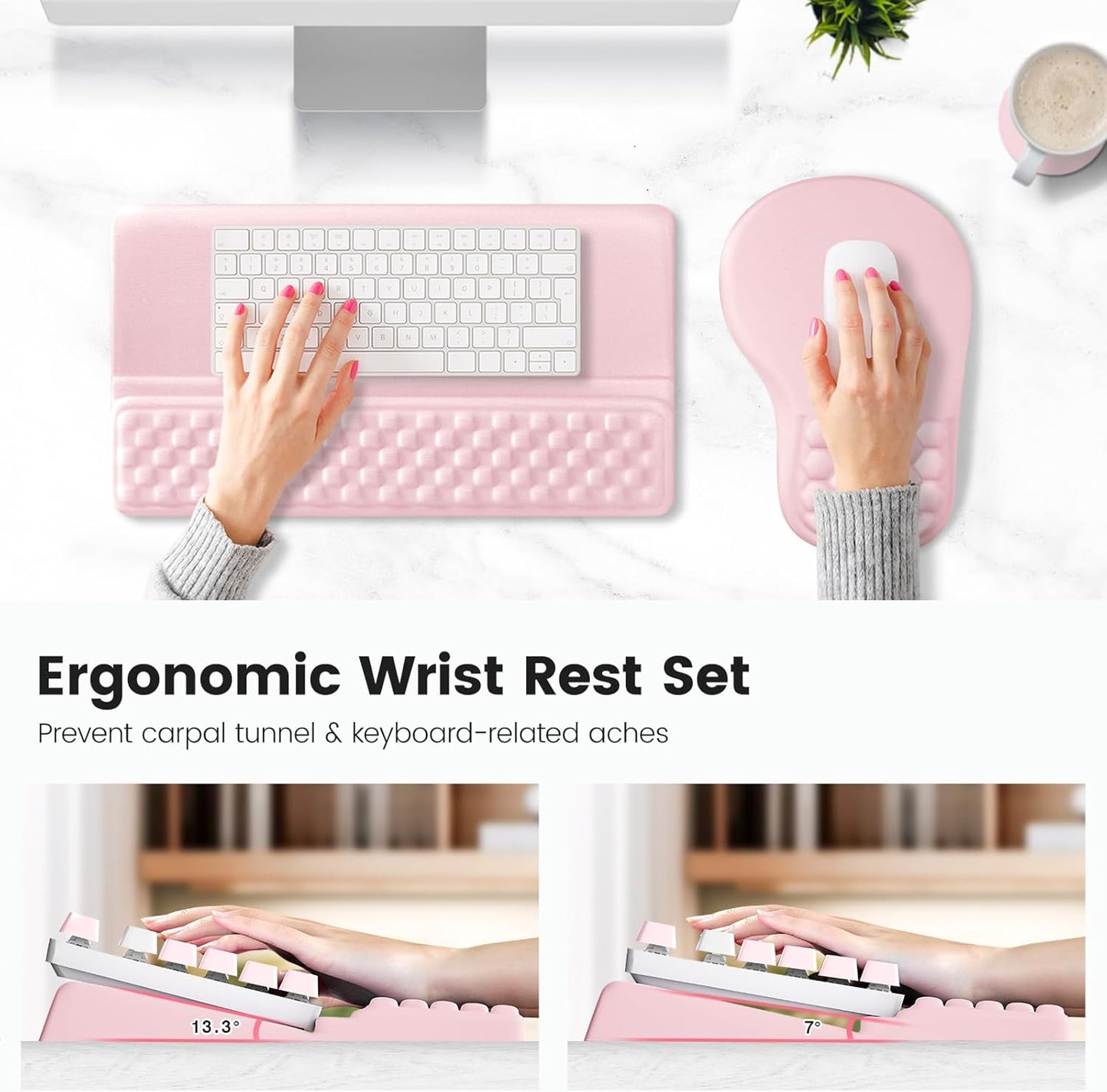 Ospelelf Ergonomic Mouse Pad and Keyboard Stand Wrist Rest Set, Memory Foam Comfort, Pain Relief for Typing, Office Desk Accessories, Moonlit Blossoms