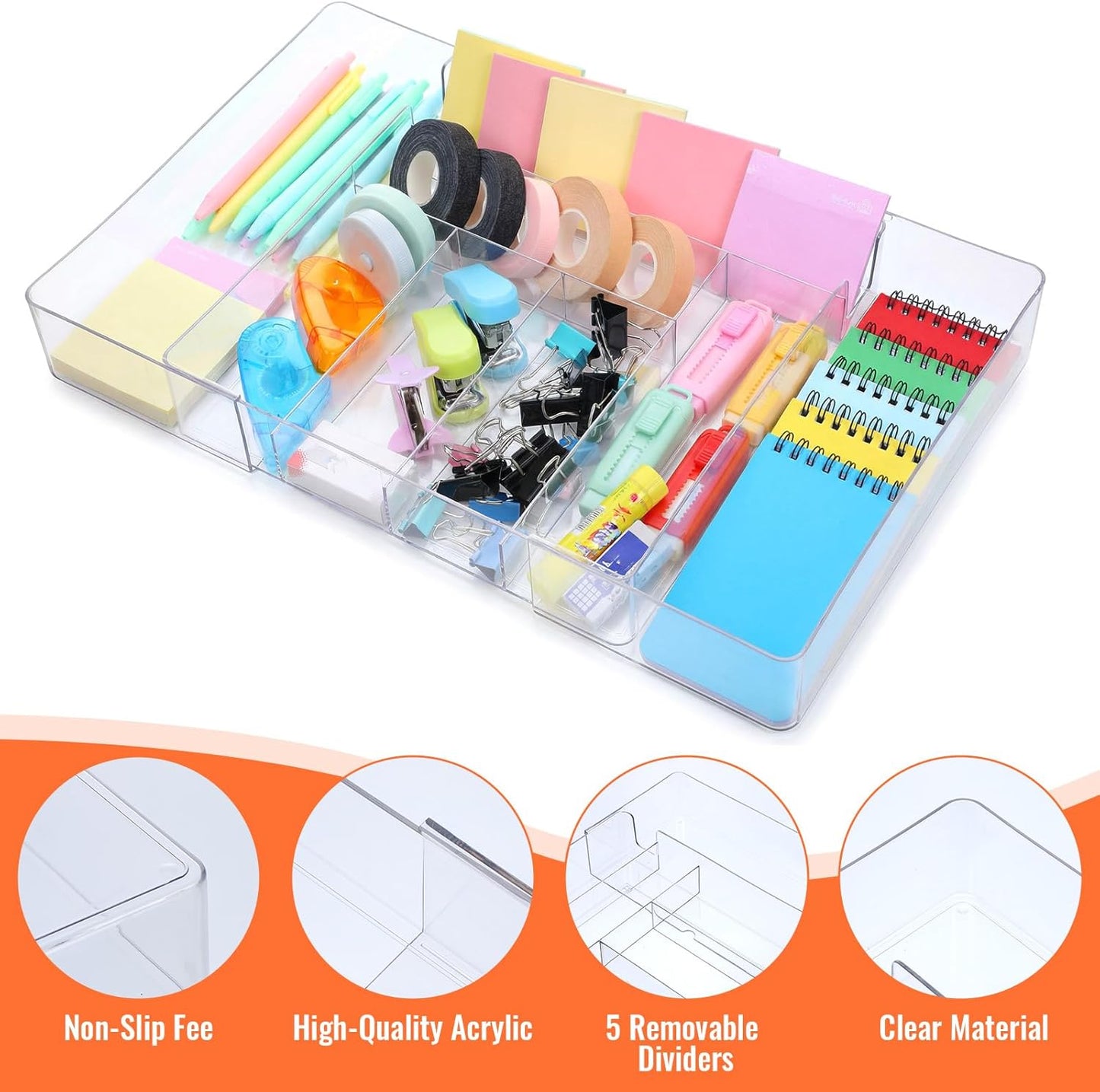 Expandable Drawer Organizer Tray with Adjustable Dividers, Clear PET Storage Box for Office Supplies, Makeup, Jewelry & Vanity, 10 Compartments, 1-Piece Set (10.6" x 15.7", Height 2.3")