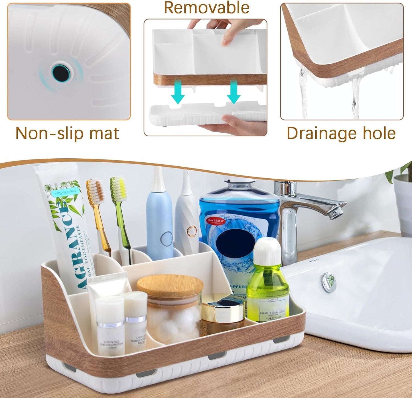 GFWARE Bathroom Organizers and Storage - Detachable 7 Slots Kids Electric Toothbrush and Toothpaste Holde Drainage for Bathroom Accessories Organization Counter Vanity Storage