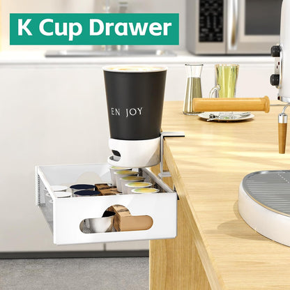 CABTE Desk Cup Holder with Drawer Organizer, Anti-Spill Clip-On Table Cup Hook with 360° Rotation Hidden Storage Box for Office Home Gaming Table (Black)