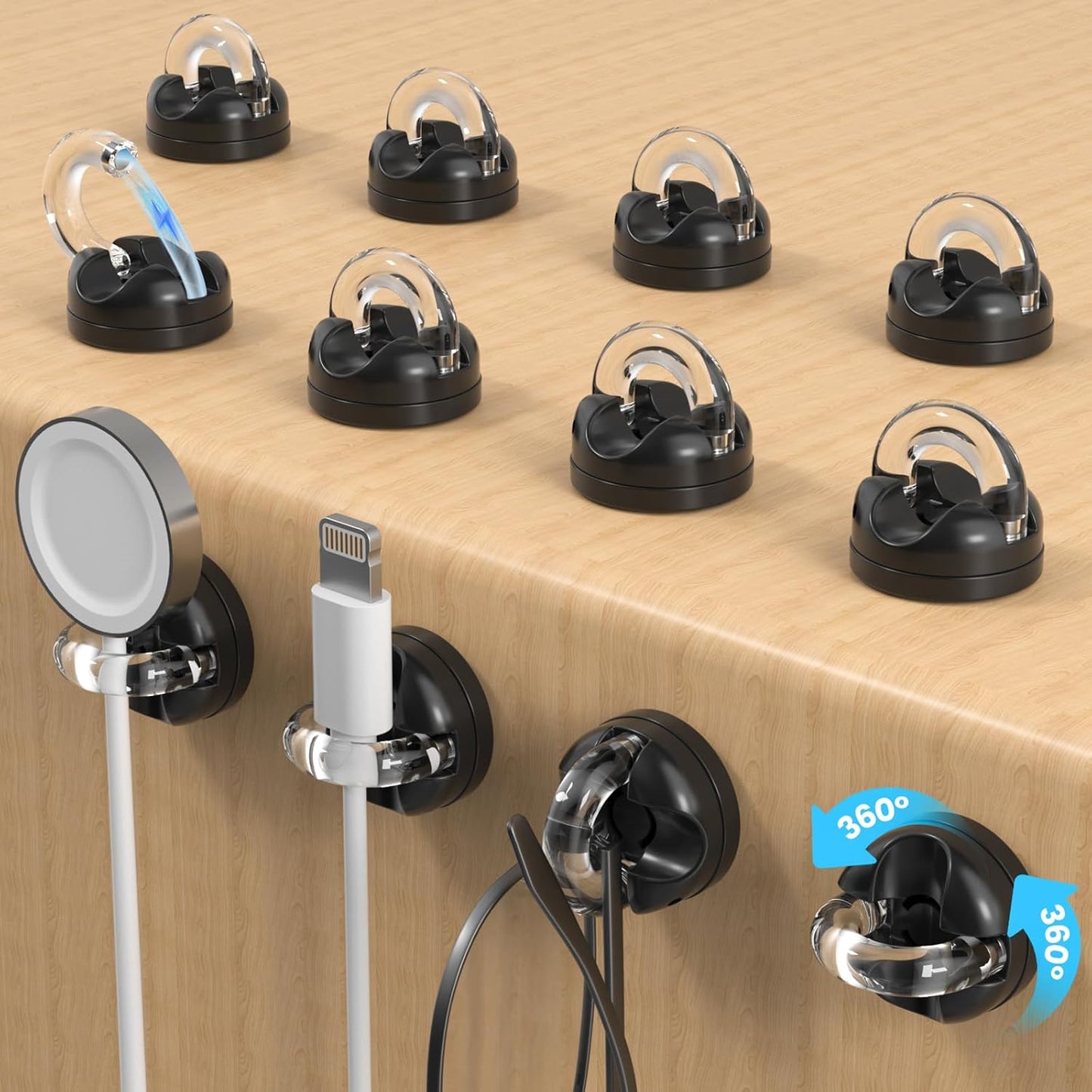 8-Pack Magnetic Cable Clips Cord Organizer, 360° Swivel Cable Holder with 8mm Slot for Phone Charging Cord, HDMI, USB, Strong Adhesive for Desk, Nightstand, Wall, No-Residue Removal